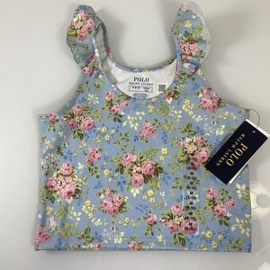 Polo Ralph Lauren Girl Floral Ruffle Sleeve Tank Top Blue Roses Size M(8-10) NEW